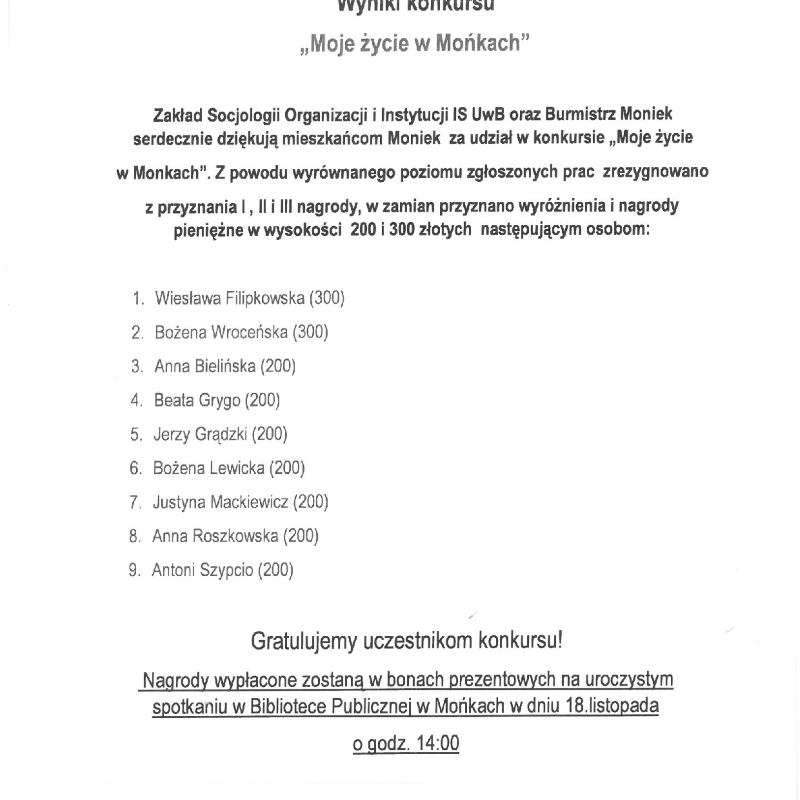 Wyniki konkursu “Moje życie w Mońkach